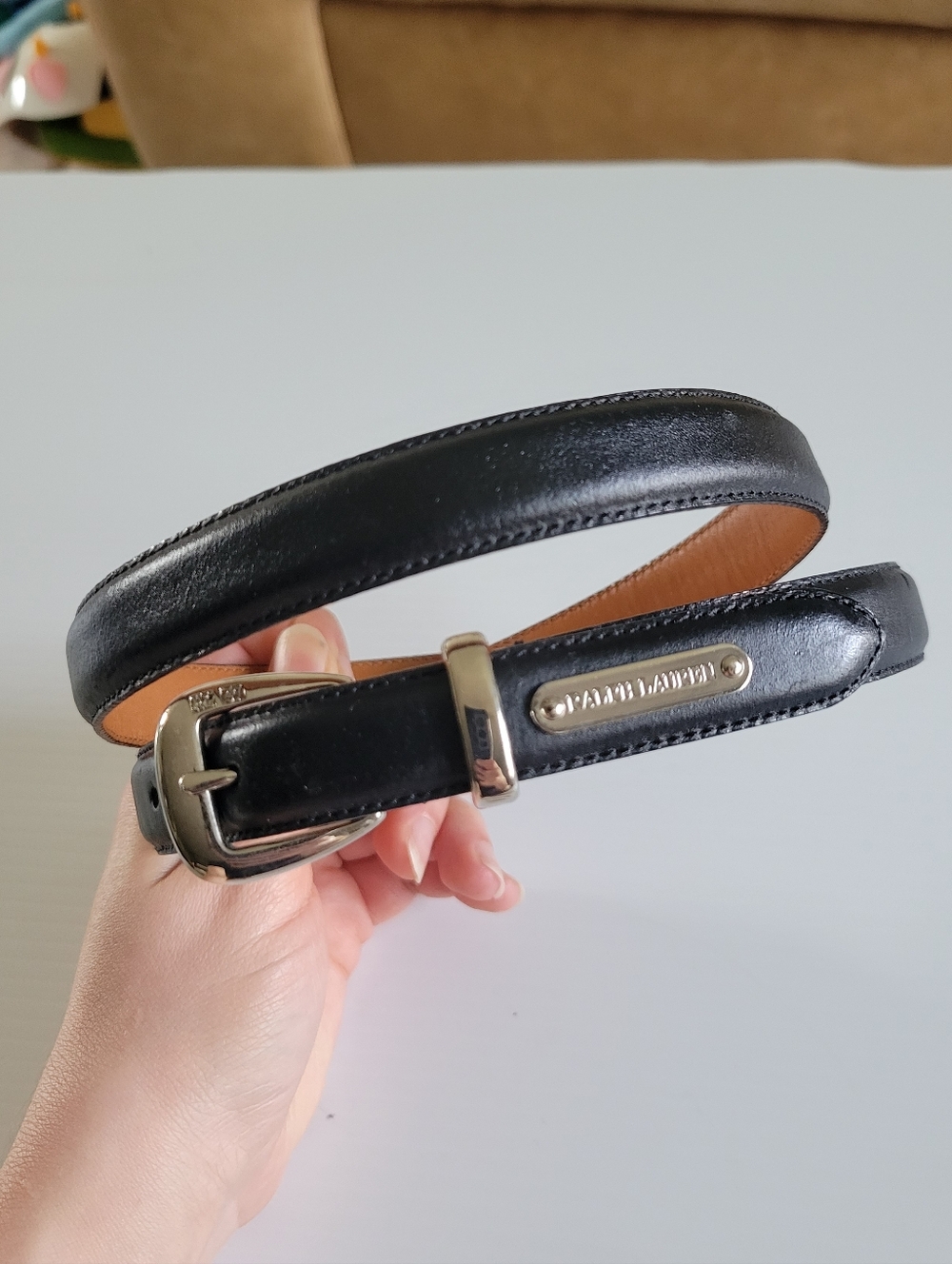 Ralph Lauren Genuine Smooth Leather Thin Belt Size M Silver Hardware Black - Picture 2 of 7